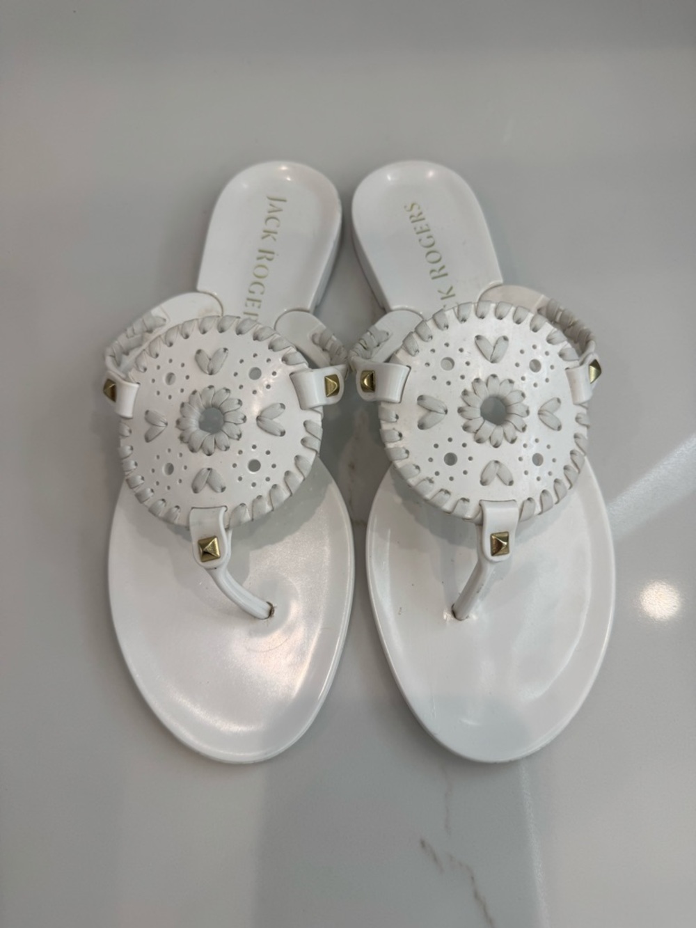 Jack Rogers White Leather Thong Sandals with Gold Studs